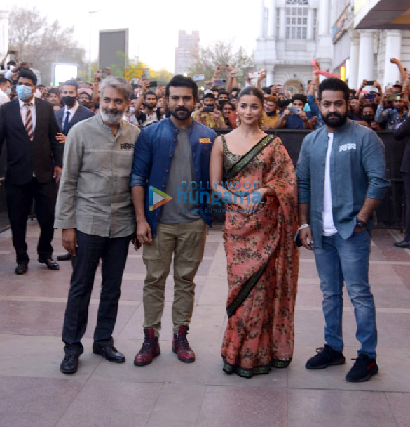 photos alia bhatt ram charan jr ntr and s s rajamouli snapped during their upcoming film rrr promotions at pvr plaza in new delhi 8