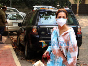 Photos: Malaika Arora steps out in tie-dye sweatshirt to take her dog for a walk on a Monday morning in Khar