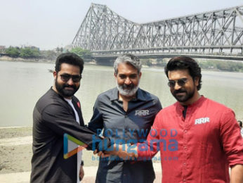 Photos: RRR actors Ram Charan and Jr NTR along with director SS Rajamouli visit the Howrah Bridge in West Bengal