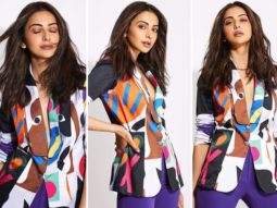 Rakul Preet Singh hops on to dopamine trend with plunging neckline colourpop blazer and purple pants at the Runway 34 trailer launch