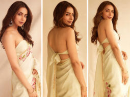Rakul Preet Singh is a sight to behold in hand painted pure silk saree worth Rs. 21,500 and strapless blouse for Attack promotions
