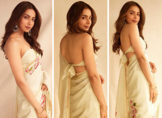 Rakul Preet Singh is a sight to behold in hand painted pure silk saree worth Rs. 21,500 and strapless blouse for Attack promotions