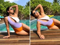 Sunny Leone relaxes at swimming pool in a multicoloured cut-out monokini in Maldives