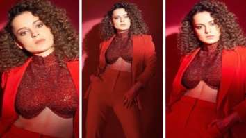 Kangana Ranaut takes the power suit game to the next level in red pantsuit with shimmer crop top by Nikhil Thampi