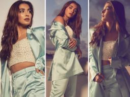Pooja Hegde channels her inner boss babe vibe in satin pastel green pantsuit and pearl crop top worth Rs. 50,176 for Beast promotions