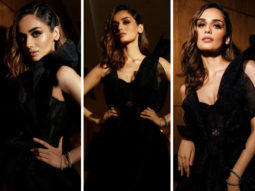 Prithviraj debutante Manushi Chillar is a classic bombshell in an all-black plunging neckline ruffled bodycon gown