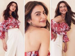 Rakul Preet Singh is giving major summer inspiration in easy-breezy printed cold shoulder ruffle top and ivory trouser worth Rs. 13,175 for Runway 34 promotions