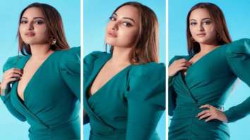 Sonakshi Sinha hops onto dopamine trend in green thigh-high slit dress with puff sleeves by Gauri & Nainika