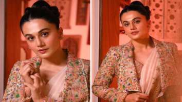 Taapsee Pannu oozes elegance in blush pink printed saree paired with long jacket