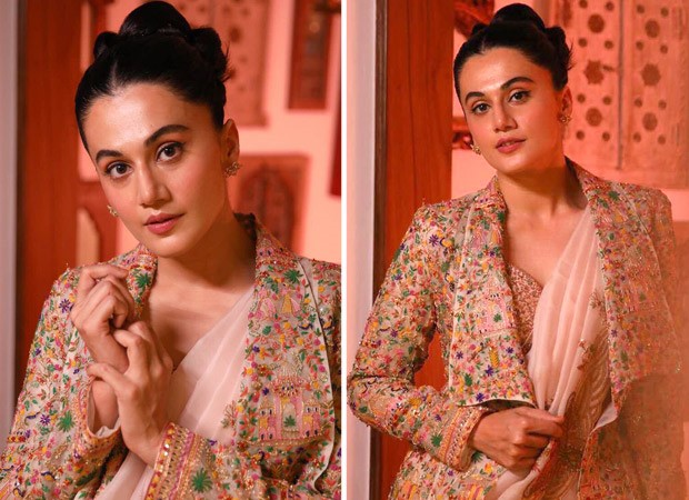 Taapsee Pannu oozes elegance in blush pink printed saree paired with long jacket 3