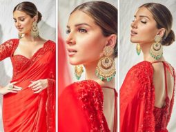 Tara Sutaria is an elegant beauty donning Rs. 66,000 worth red hand embroidered floral saree for Heropanti 2 promotions