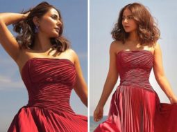 Cannes 2022: Hina Khan makes exquisite appearance in crimson patterned strapless gown at the French Riviera