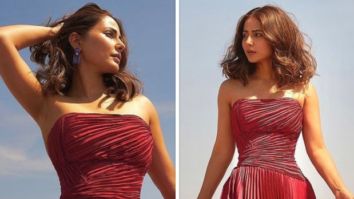 Cannes 2022: Hina Khan makes exquisite appearance in crimson patterned strapless gown at the French Riviera