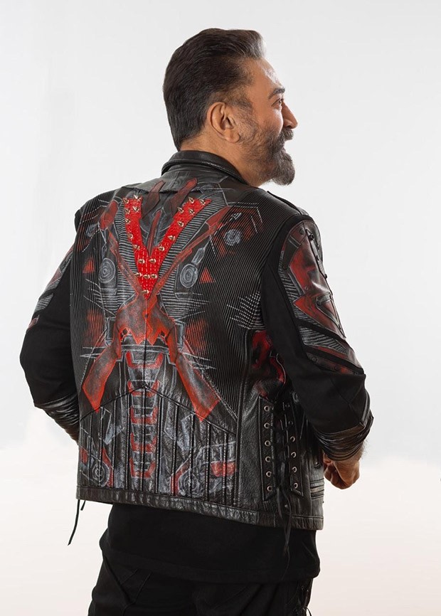 For Vikram trailer and audio launch, Kamal Hassan looked suave and stylish in a custom-made black leather jacket with themes from the film