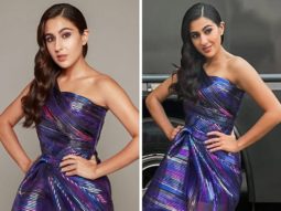 Sara Ali Khan makes a strong case for metallic in Amit Aggarwal’s purple off-shoulder draped metallic dress worth Rs.1.25 Lakh