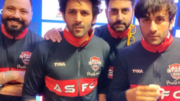 Ranbir Kapoor and Abhishek Bachchan pull Kartik Aaryan’s leg as he promotes Bhool Bhulaiyaa 2 at All Stars Football Club match in Dubai