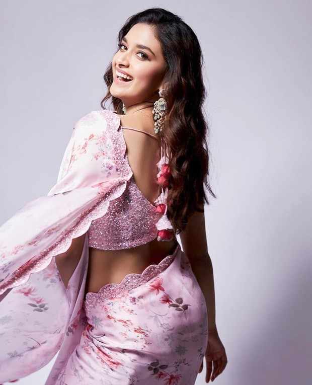 Keerthy Suresh is a picture of elegance in in pastel pink floral saree worth Rs.18,890 in her latest photo-shoo