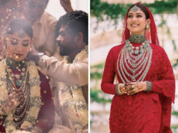 Nayanthara-Vignesh Shivan wedding: Bride looks opulent in vermillion red custom saree with Goddess Lakshmi motifs; Groom dons traditional veshti