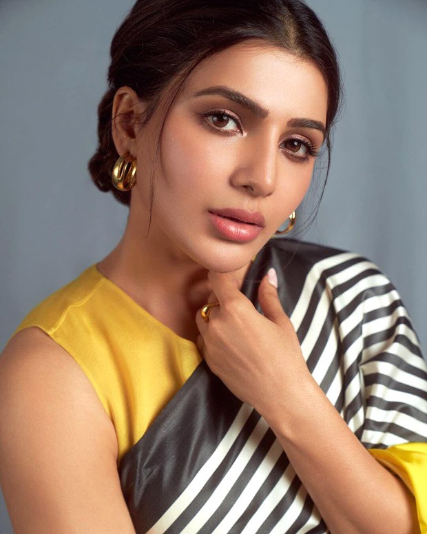 Samantha Ruth Prabhu looks resplendent in a black & yellow striped saree worth Rs.32,800 for Sadhguru’s save soil event