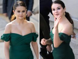 Selena Gomez looks pristine in an off-shoulder emerald green dress and peep-toe mules for Only Murders in Building promotions