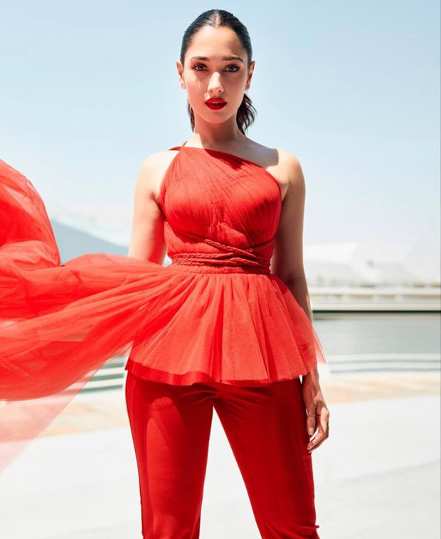 Tamannaah Bhatia is a siren in red monotone one shoulder top and pants 