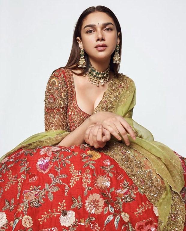 Aditi Rao Hydari looks resplendent in Shyamal & Bhumika’s heavily embellished bridal lehenga set