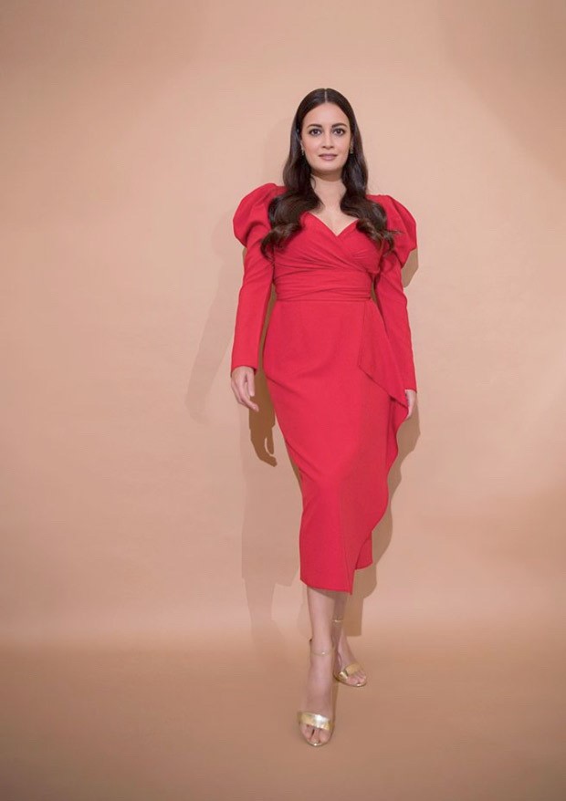 Dia Mirza looks ravishing in red puff sleeve wraparound dress worth Rs. 38,000