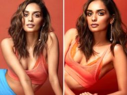 Manushi Chillar in stylish orange bralette, blue pencil skirt and neon heels does colour blocking right