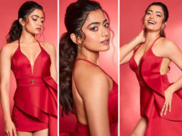 Rashmika Mandanna looks like a vision in red dress with plunging neckline and ruffled trail