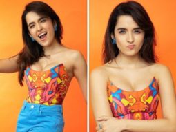 Shirley Setia looks adorable wearing a brightly printed corset top & classic blue pants