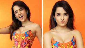 Shirley Setia looks adorable wearing a brightly printed corset top & classic blue pants