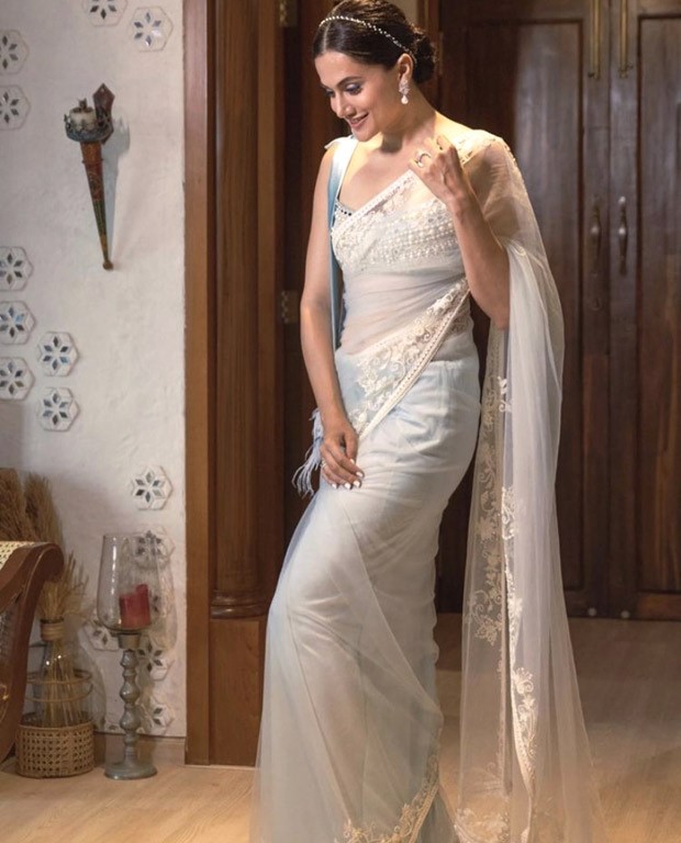 Taapsee Pannu is beauty personified in powder blue saree and embellished blouse worth Rs. 59,900 for Shabaash Mithu promotions 