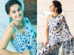 Taapsee Pannu is giving us major saree goals in blue georgette printed saree worth Rs. 9,800 for Shabaash Mithu promotions