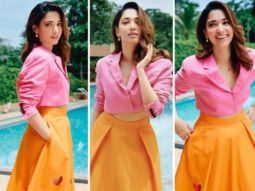 Tamannaah Bhatia nails colour blocking trend, makes statement in pink crop top and tangerine skirt worth Rs. 35K