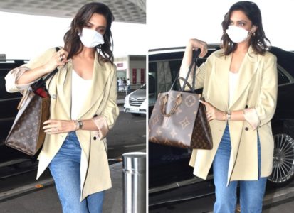 Deepika Padukone pairs LV x YK Dauphine MM bag worth Rs. 3.55 lacs with  blazer, baggy jeans for airport look