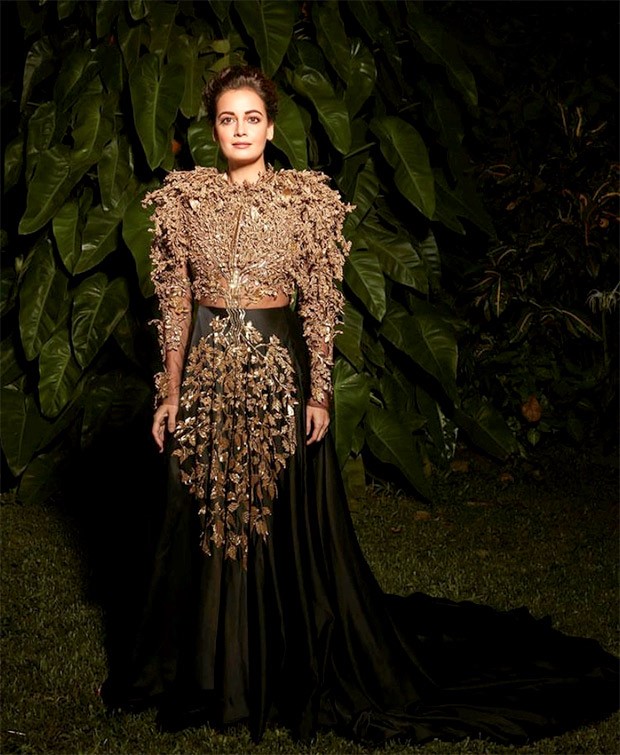 Dia Mirza is a sight to behold in a 3D embroidered gown designed by Rahul Mishra for the Filmfare Awards 2022