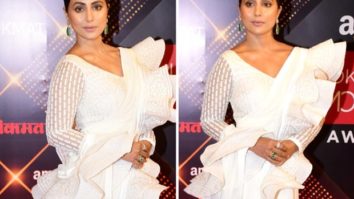 Hina Khan expresses her love for white in a white ruffled saree by Abu Jani Sandeep Khosla for Lokmat awards 2022