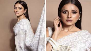 Shehnaaz Gill in white embellished saree with feather detailing looks straight out of a fairytale