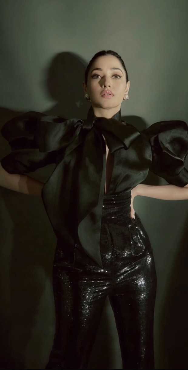 Tamannaah Bhatia raises glamour quotient in black pouf jumpsuit by Gauri & Nainika