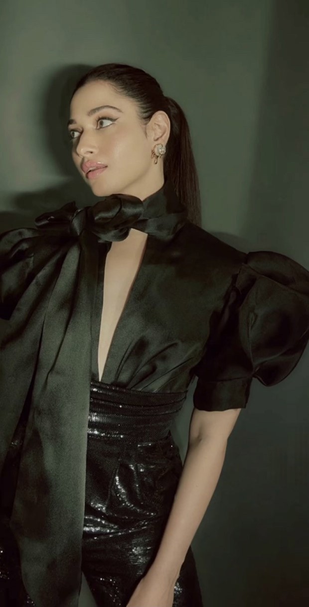 Tamannaah Bhatia raises glamour quotient in black pouf jumpsuit by Gauri & Nainika
