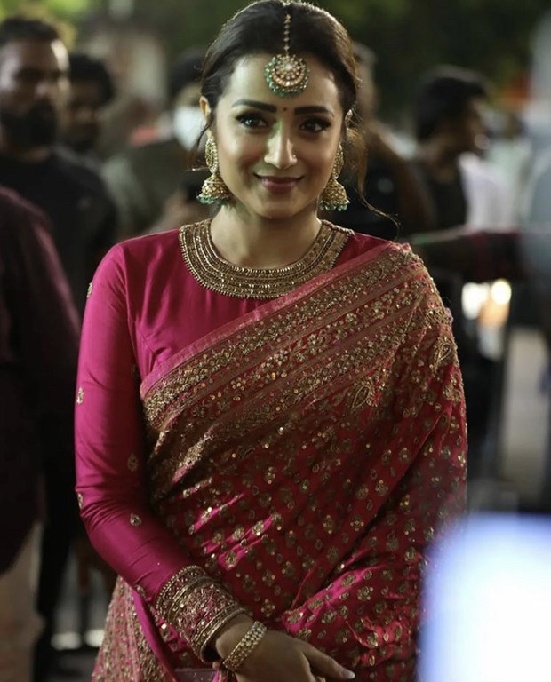 Trisha Krishnan slays like a queen in richly embroidered pink saree for Ponniyin Selvan grand trailer launch