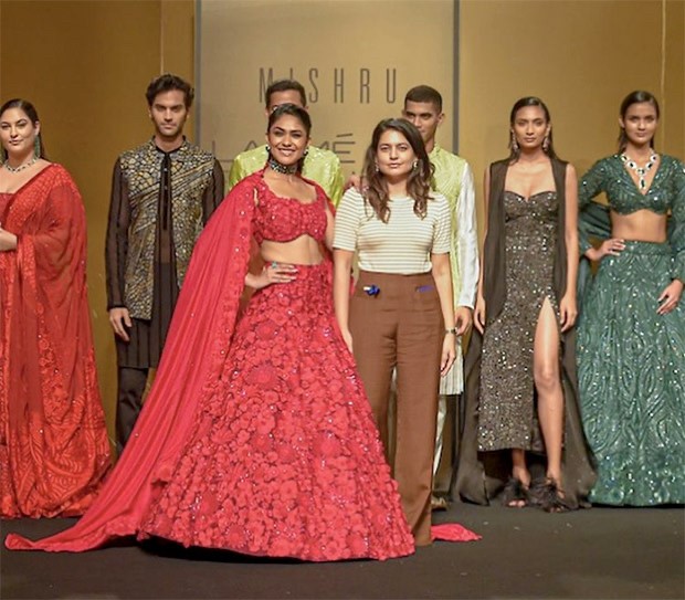 Mrunal Thakur dons three-piece crimson lehenga by Mishru as she walks the runway at The FDCI x Lakmé Fashion Week