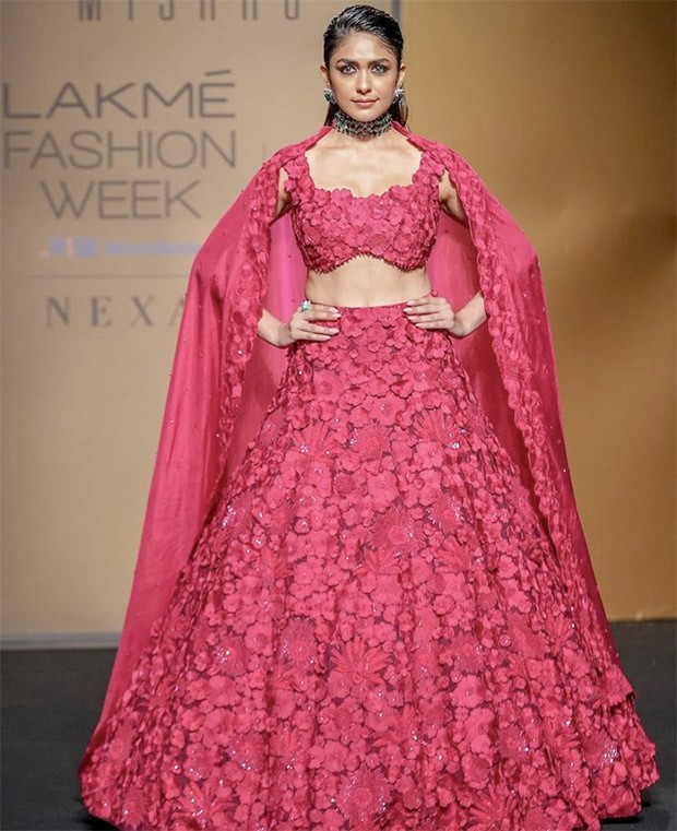 Mrunal Thakur dons three-piece crimson lehenga by Mishru as she walks the runway at The FDCI x Lakmé Fashion Week