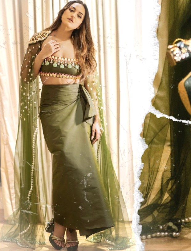 Sonakshi Sinha looks gorgeous in an olive green three-piece co-ord set and floral heels by Papa Don't Preach by Shubhika
