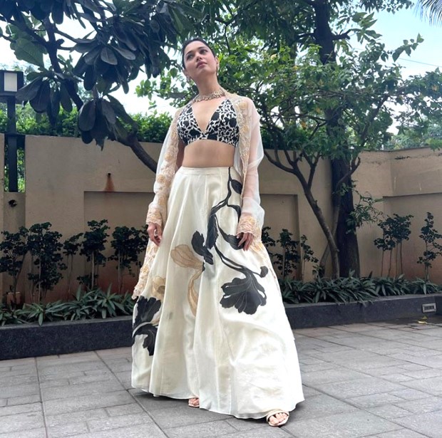 Tamannaah Bhatia takes traditional clothing up a notch in Devnaagri’s Rs. 58K monochrome printed lehenga