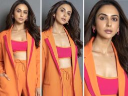 Rakul Preet Singh give notes on how to master colour blocking this season in an Orange and pink pantsuit worth Rs. 18,000!