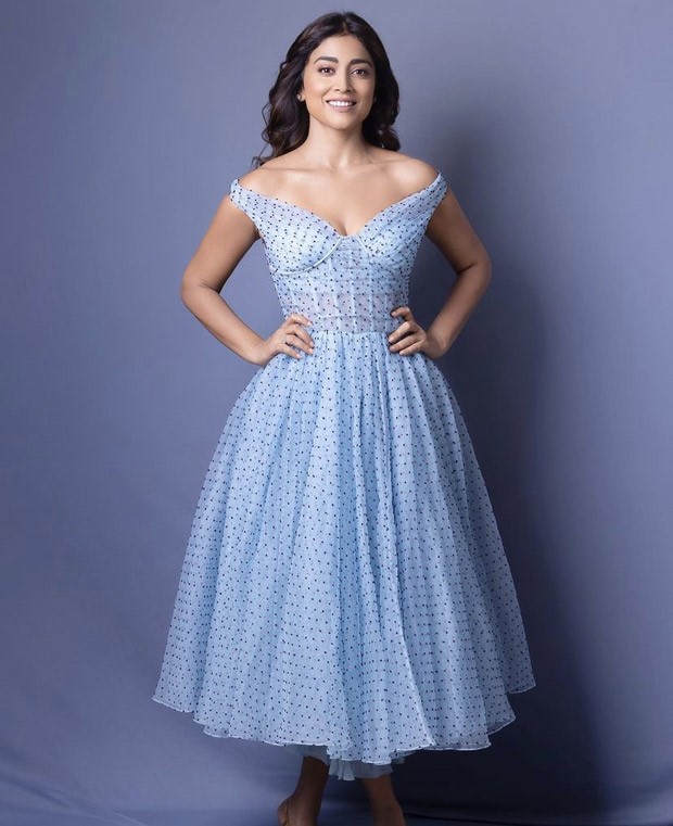 Shriya Saran evokes retro charm in blue polka dot dress from Gauri and Nainika for Drishyam 2 promotions Shriya Saran evokes retro charm in blue polka dot dress from Gauri and Nainika for Drishyam 2 promotions