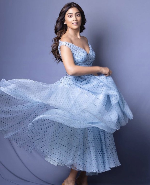 Shriya Saran evokes retro charm in blue polka dot dress from Gauri and Nainika for Drishyam 2 promotions Shriya Saran evokes retro charm in blue polka dot dress from Gauri and Nainika for Drishyam 2 promotions