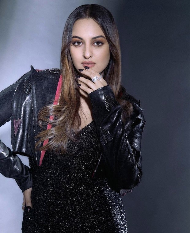 Sonakshi Sinha channels inner diva in a glamourous black shimmer dress and crop jacket for Double XL promotions