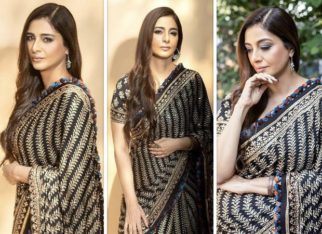 Tabu’s black and golden saree by Abu Jani-Sandeep Khosla for Drishyam 2 promotions can work everywhere from sangeet celebrations to cocktail parties